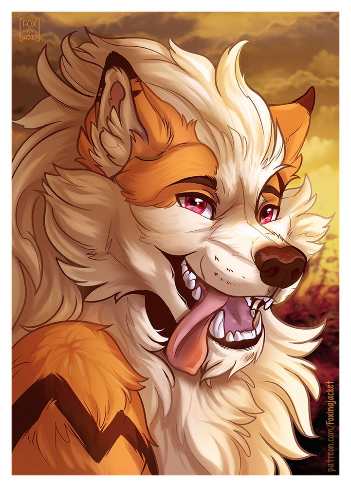 Digital illustration of the head and shoulders of an anthro Arcanine being a silly goober