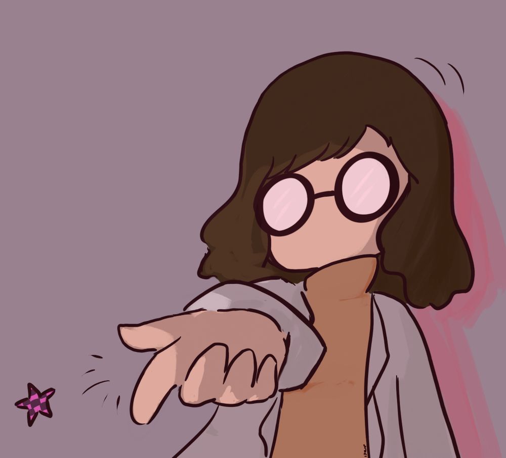 a drawing of skyghost from the interloper series, a woman wearing a labcoat with shoulder length brown hair and thick round glasses. she has no mouth, and her eyes are not visible. she is snapping her fingers, producing a star with the source missing texture pattern.
