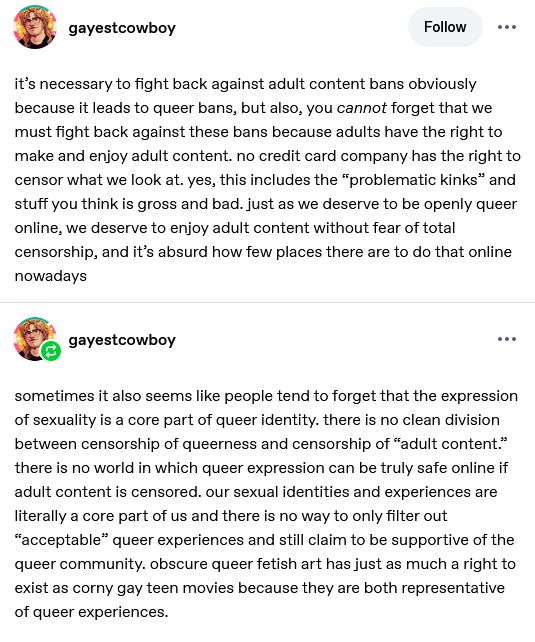 Tumblr post reading:
@gayestcowboy
it’s necessary to fight back against adult content bans obviously because it leads to queer bans, but also, you cannot forget that we must fight back against these bans because adults have the right to make and enjoy adult content. no credit card company has the right to censor what we look at. yes, this includes the “problematic kinks” and stuff you think is gross and bad. just as we deserve to be openly queer online, we deserve to enjoy adult content without fear of total censorship, and it’s absurd how few places there are to do that online nowadays 

sometimes it also seems like people tend to forget that the expression of sexuality is a core part of queer identity. there is no clean division between censorship of queerness and censorship of “adult content.” there is no world in which queer expression can be truly safe online if adult content is censored. our sexual identities and experiences are literally a core part of us and there is no way to only filter out “acceptable” queer experiences and still claim to be supportive of the queer community. obscure queer fetish art has just as much a right to exist as corny gay teen movies because they are both representative of queer experiences. 