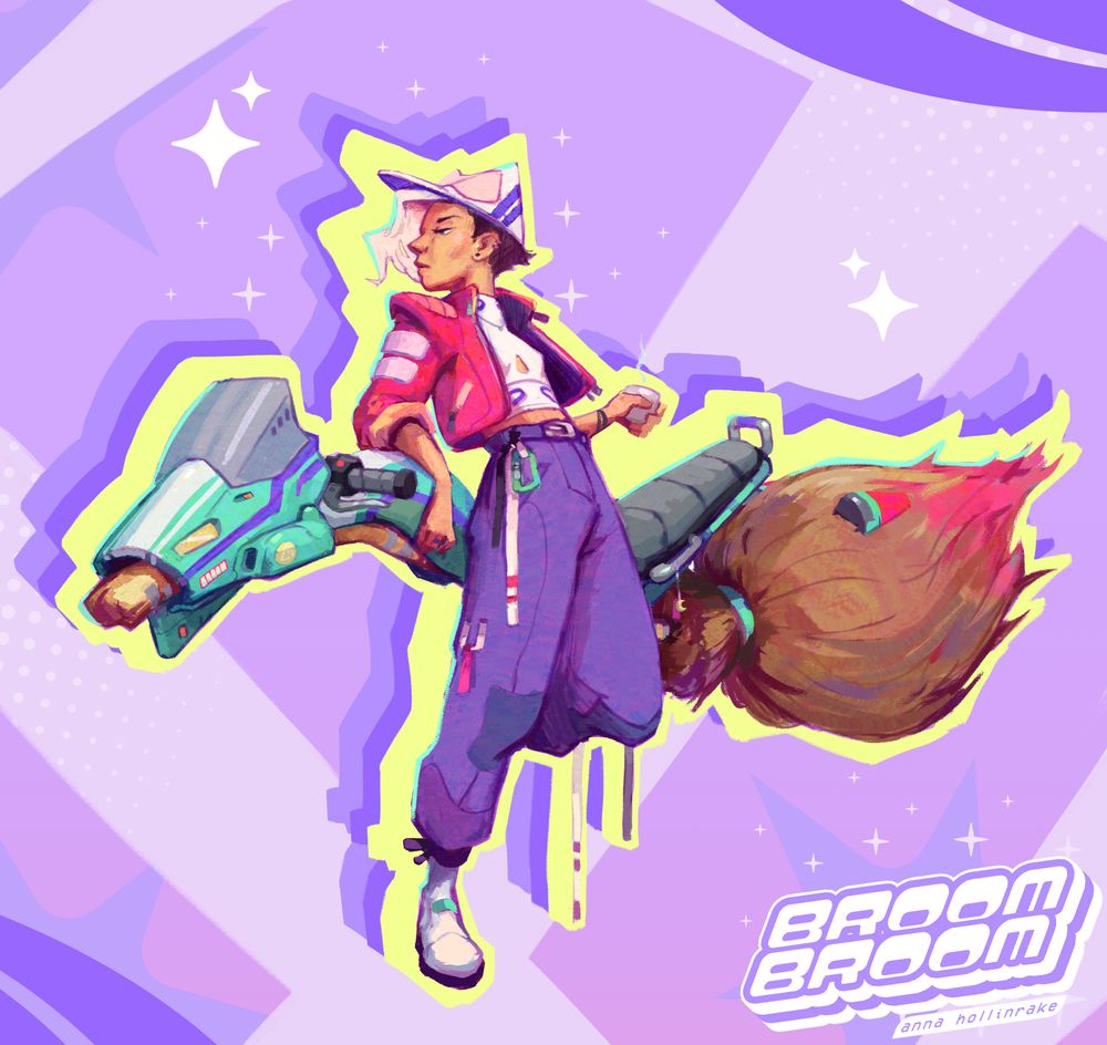 A painting of Anna's Crescentsona: a modern motorbike broom witch. It features a sci fi punk witch and a motorbroom with a 90s background. It says Broom Broom in the corner.