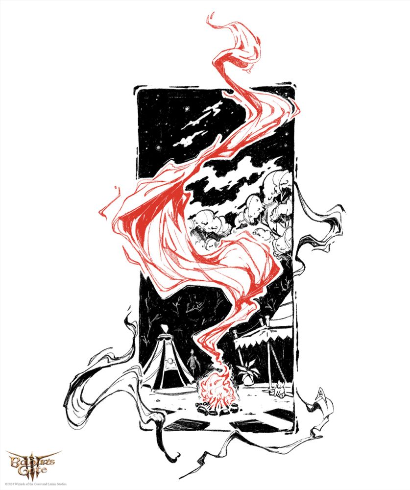 A t-shirt design made for Baldur's Gate 3 depicting a campfire