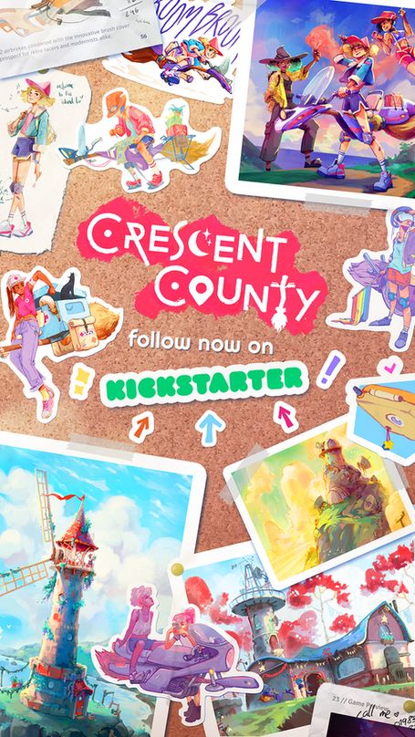 A corkboard featuring lots of paintings and stickers from the game Crescent County. It is announcing they are running a Kickstarter, and asking people to follow now.