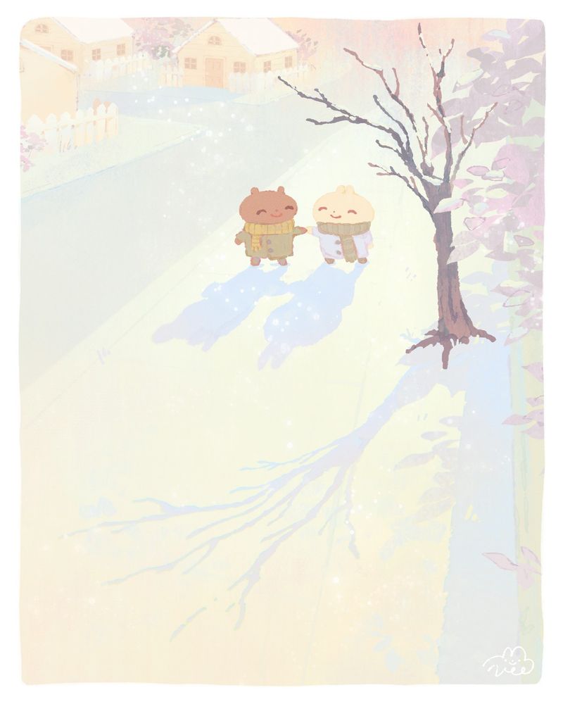 A digital illustration depicting a bunny and bear character holding hands while walking down a snowy neighborhood sidewalk. 
