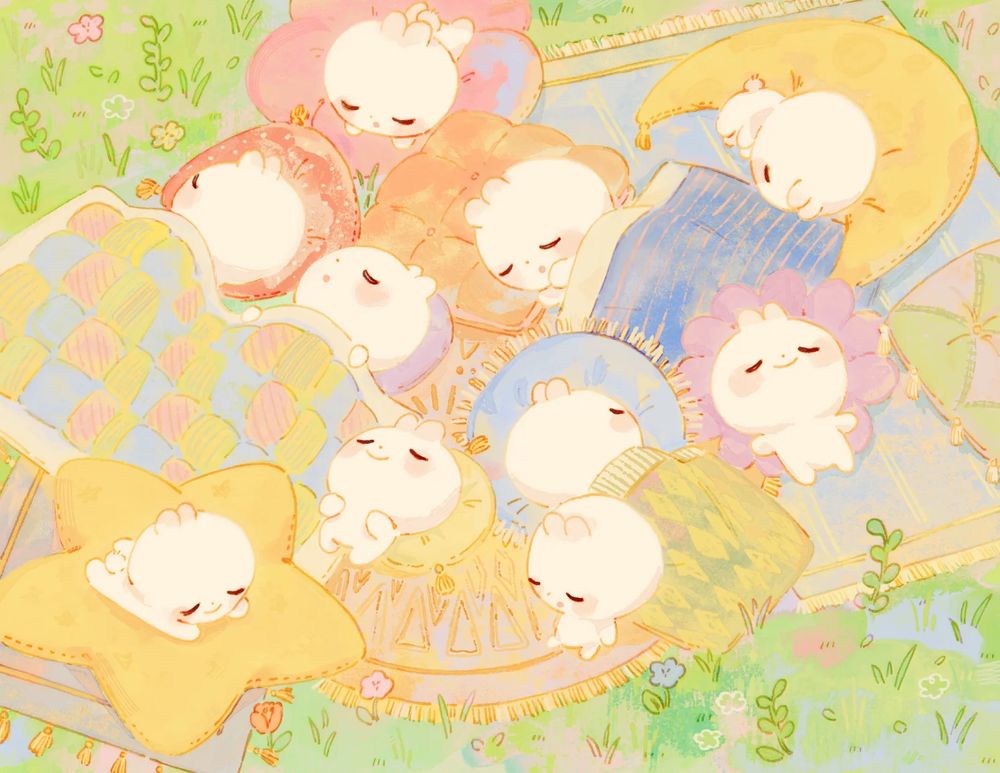 An illustration depicting 10 buns sleeping together and spread out while lying cozy on  colorful pillows and blankets on a grassy, flowery field.