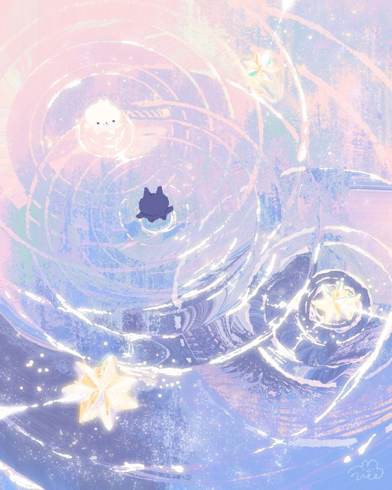 An illustration depicting a bunny and cat character, standing on a plane of water creating a ripple effect. Three stars are falling beside them, reflecting on the water and ripples. There are specks of stars and dust, creating the illusion that they are in space.