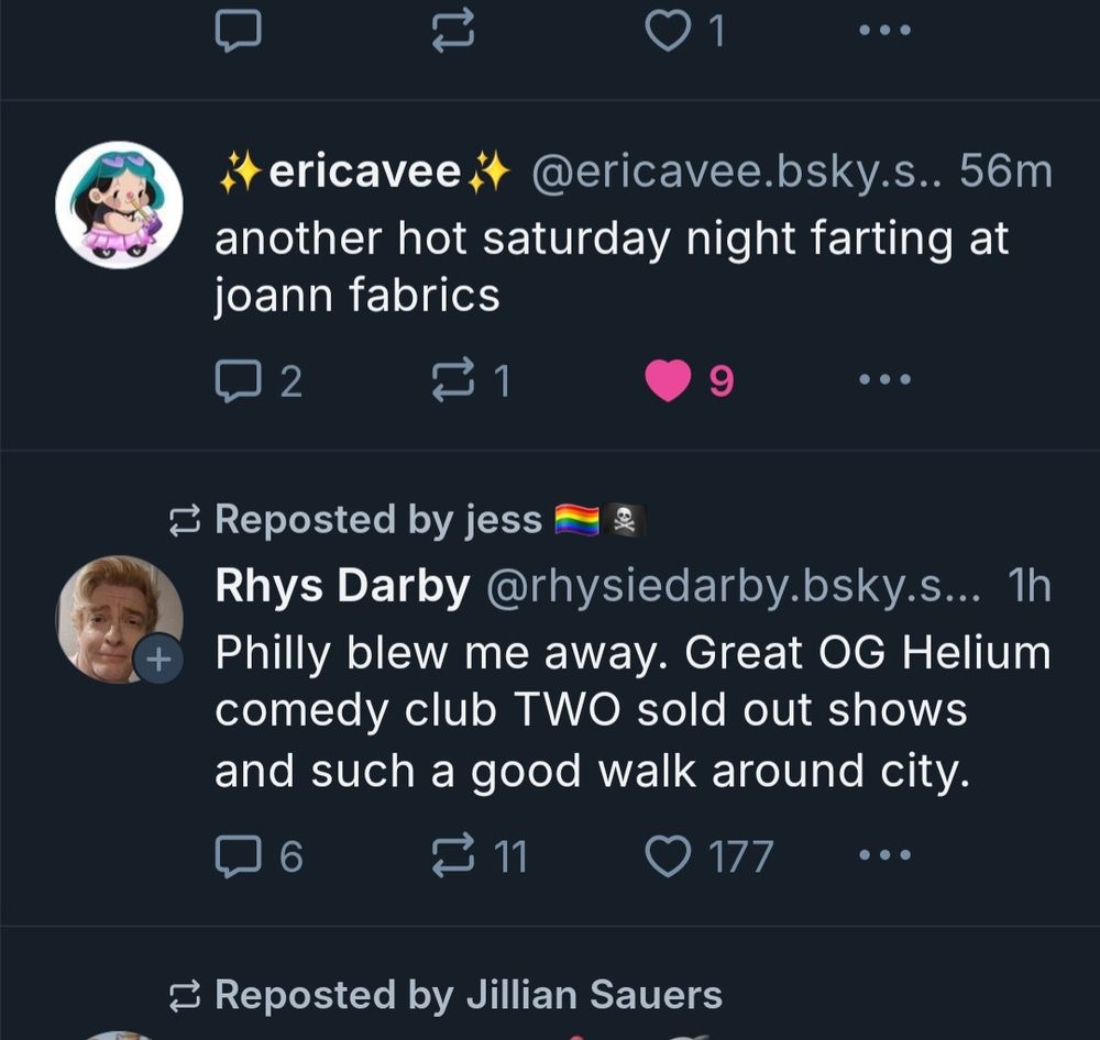 Screenshot of my bluesky timeline showing ericavee's above post followed by a post from Rhys Darby that begins, "Philly really blew me away."