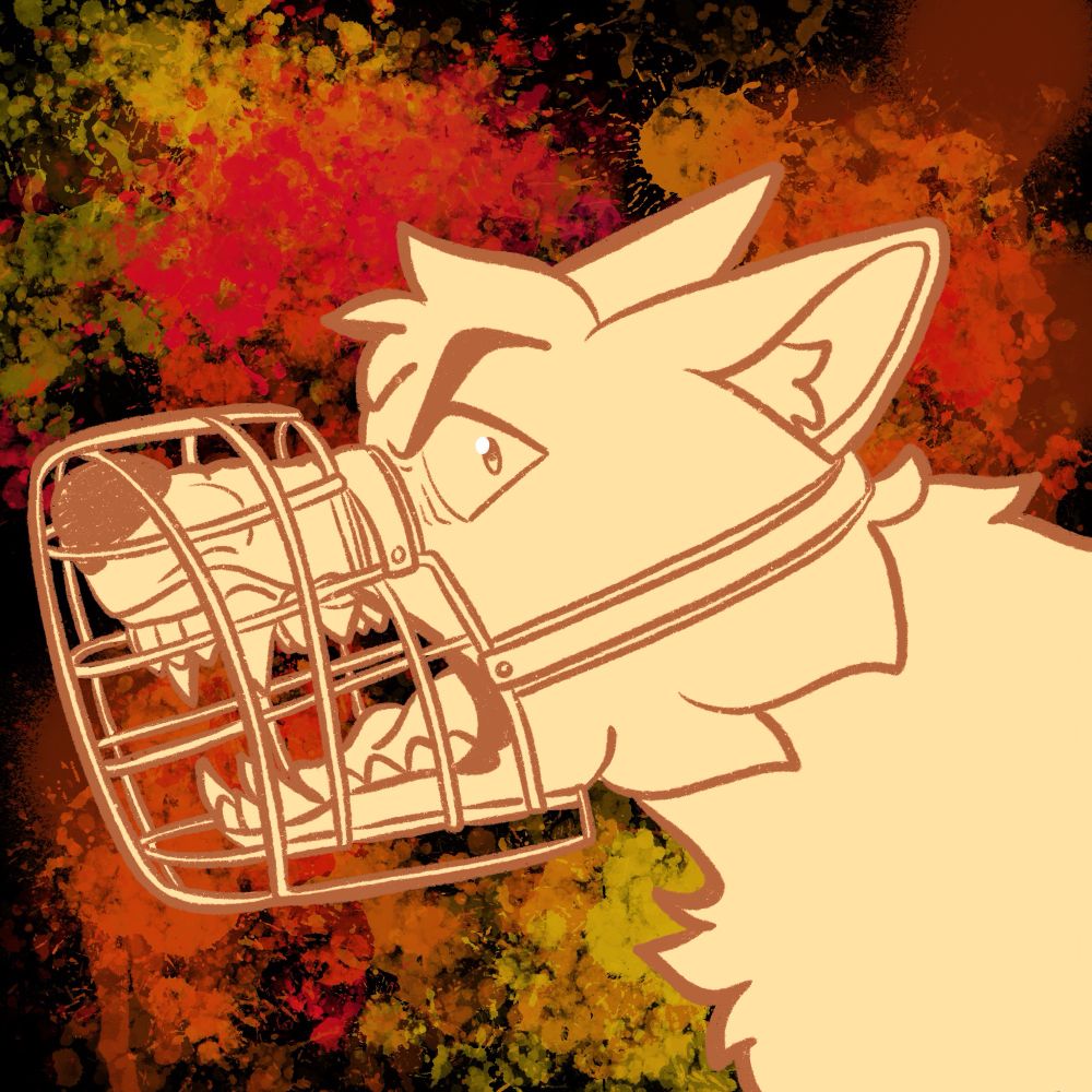 A snarling dog in a basket muzzle 