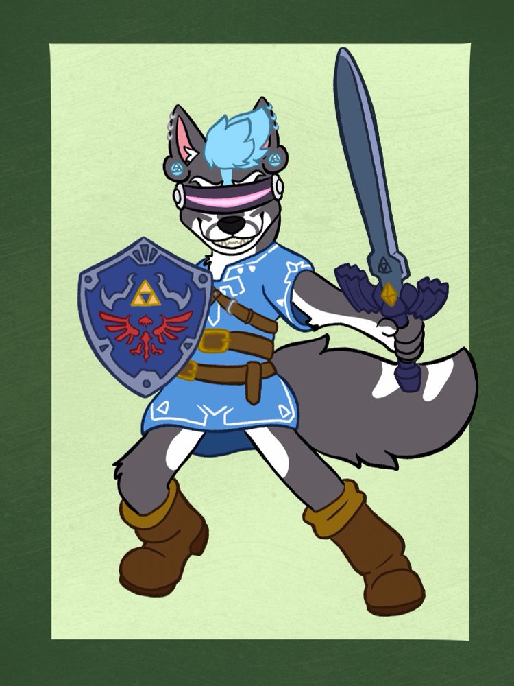 An anthro grey and white dog wearing a visor dressed as link from breath of the wild 
