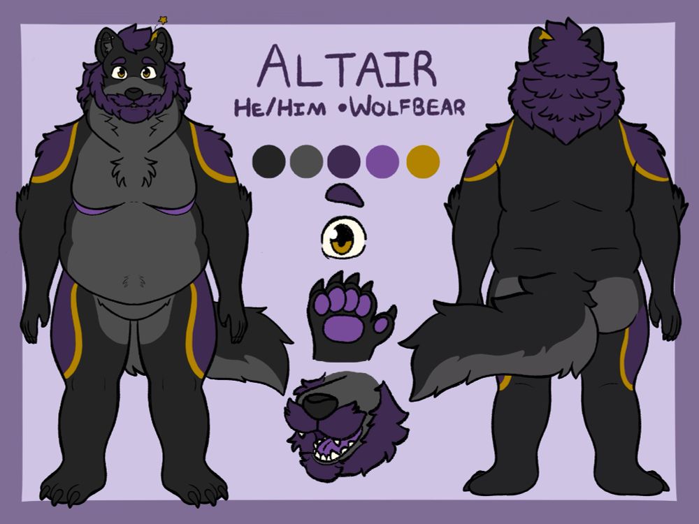 ALTAIR
HE/HIM • WOLFBEAR

A reference sheet of a large trans masc wolfbear 