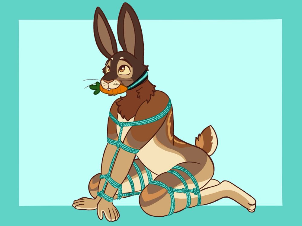 An anthro rabbit tied in ropes sitting on the floor with a carrot gag in their mouth 