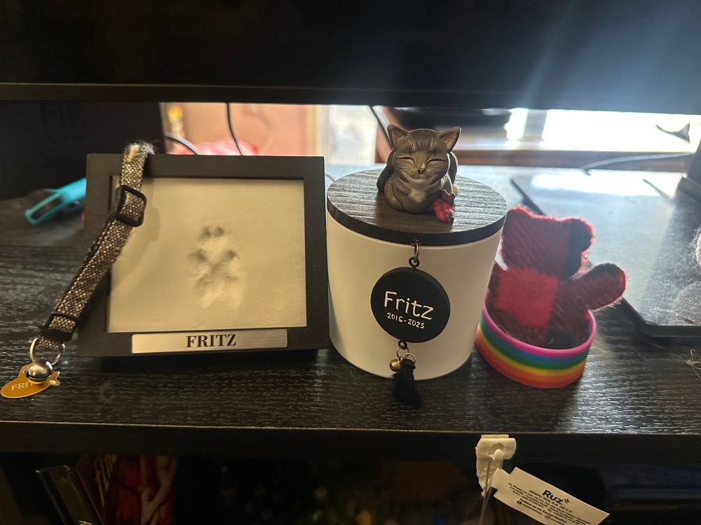 A cat collar draped on a clay imprint of a paw next to an urn with a cat figurine with some cat toys 