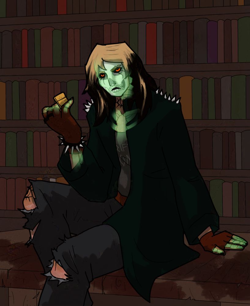 A digital illustration of gerard keay (aka gerry keay) from the magnus archives. He's a goth man dressed in a trench coat and ripped jeans, holding a gold lighter with the symbol of an eye on it, which matches the eye tattoos covering every visible joint (fingers, knees, and throat). His hair is dyed black with natural blond growing out and showing through in streaks. He's sitting on a bloodstained wooden table inside pinhole books. He has a ghostly appearance, with greenish bones visible beneath the surface of his face, upper chest, and hands.