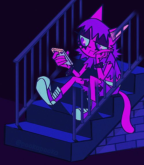 a teen cat kid in torn clothing sits on a stoop looking at her phone