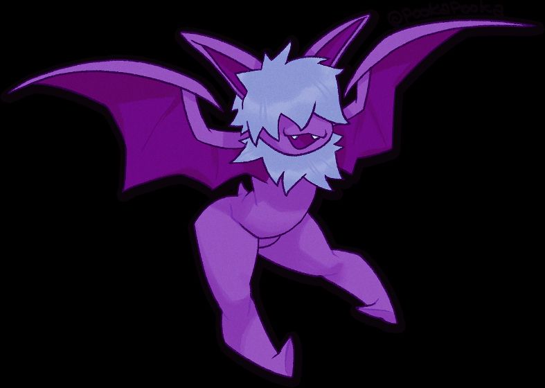 a humanoid purple bat character floats against a transparent background.  the hair that covers their eyes matches the color of their chest fluff
