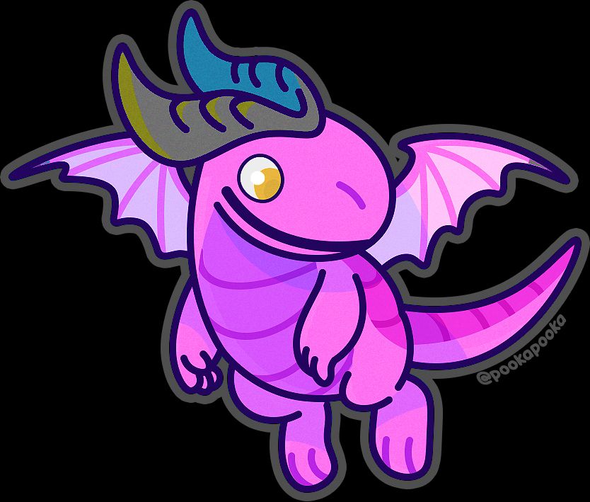 a little pink dragon with gold eyes floats against a transparent background