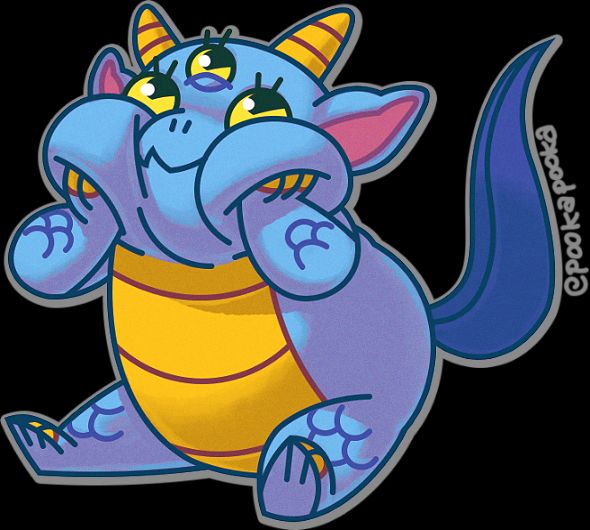 a very round and squishy dragon character.  his scales are mostly blue with yellow accents, and he has 3 eyes and two horns, with a flat, dark blue tail