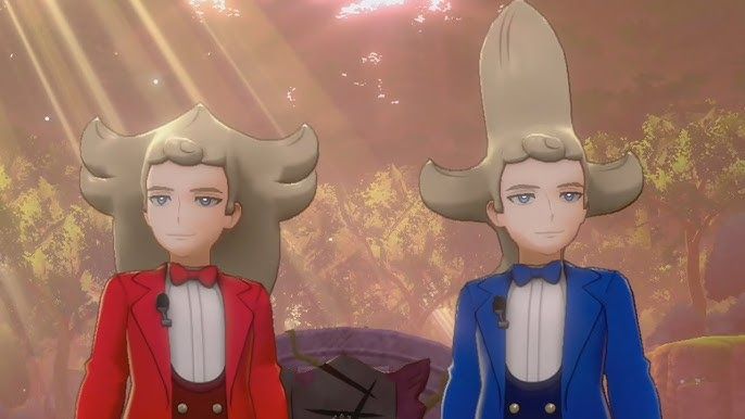 upper torso renders of shielbert and sordward, two antagonists in the pokemon sword and shield games, wearing red and blue tuxedos respectively