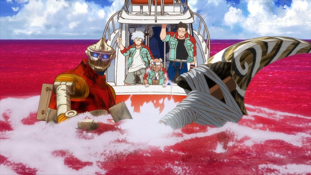 (That's not a tokusatsu)
Jet Jaguar and the others human characters, run away with a boat
