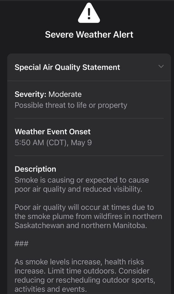 Special air quality statement describing poor air quality in Winnipeg due to wildfire smoke