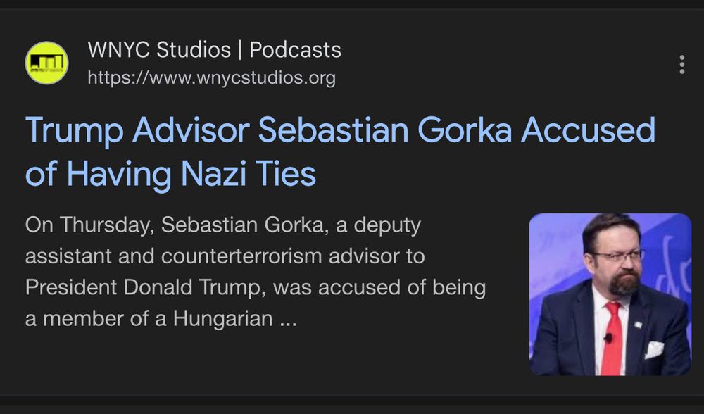 Screenshot of a Google result displaying “Trump Advisor Sebastian Gorka Accused of Having Nazi Ties”