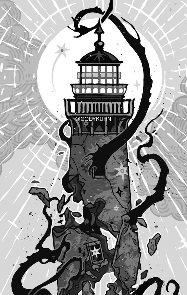 Eldritch lighthouse illustration, tower card inspired. 