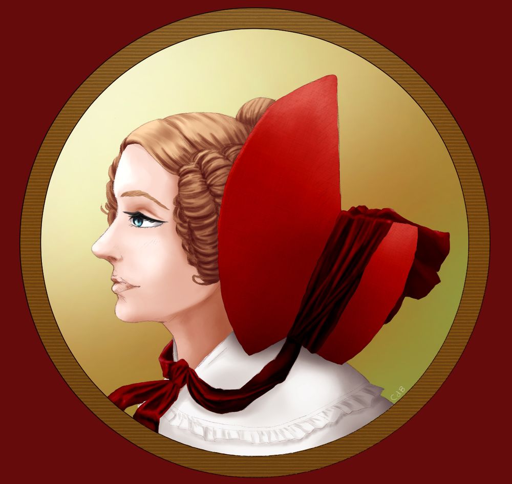 Digitally painted image of nyo!America in profile view wearing a red bonnet and white dress.