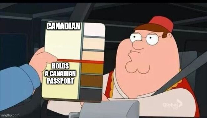 Family guy colour palette with lighter tones labeled "Canadian" and darker ones labeled "Holds A Canadian passport".