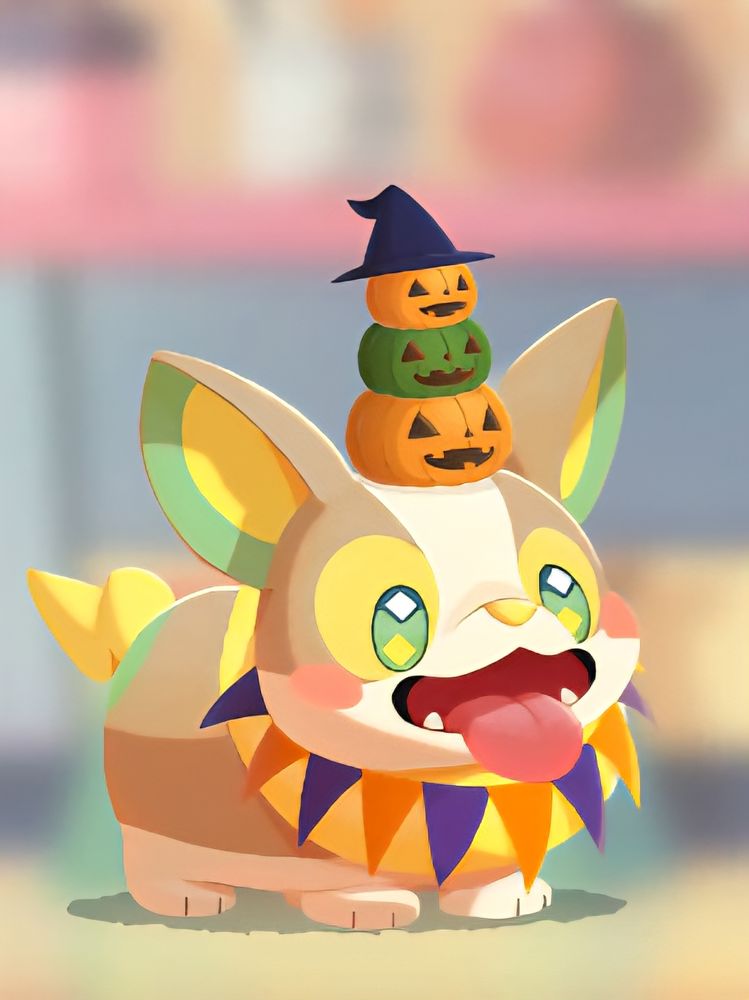 Voldi, ein kleines corgi-artiges Hunde-Pokémon. Es trägt eine lila und orange Wimpelgirlande um den Hals und als Hut drei kleine Kürbisse mit geschnitzten Gesichtern. Der oberste Kürbis hat einen Hexenhut auf.