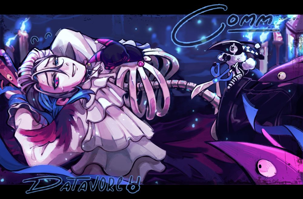 Jester guy with open ribcage laying on the floor, wrists tied by tiny creatures that wanna kill him so bad. One creature finds peace in knowing he’s done and sleeps on his chest. A black and white creature, called bettelion by the way, sits and is about to „break his spine“ with scissors. The implications are silly. That silly one belongs to the commissioner.
