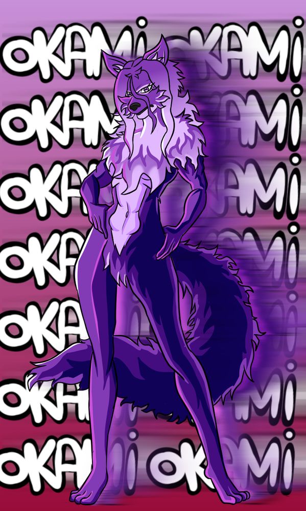 Drawing of a purple anthropomorphic wolf woman with pointy ears, a long fluffy tail and a fluffy purple fur. She is standing straight, her hands on her hip tipped to the left. Her name can be seen in a repeated pattern on the pink and crimson gradiant background in a tag style.