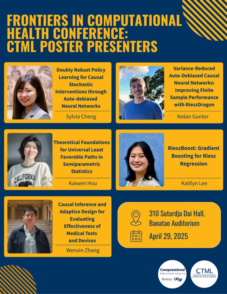 CTML Graduate Student Researchers Featured at the April 29th Frontiers in Computational Health Conference!
Be sure to check out exciting poster presentations by CTML GSRs Sylvia Cheng, Nolan Gunter, Kaiwen Hou, Kaitlyn Lee, and Wenxin Zhang. Their research spans causal inference, machine learning, and statistical methods—driving innovation in precision health.
