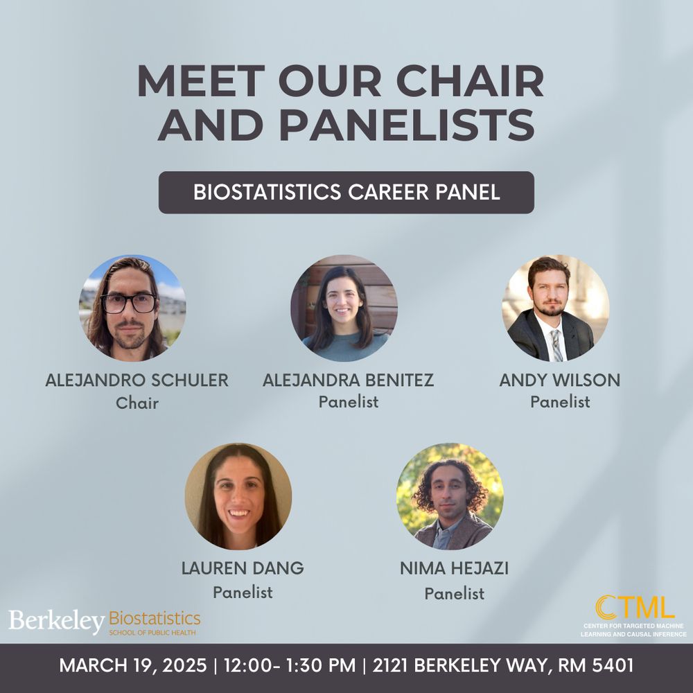 Happening This Week!🌟Join us for an engaging session with leading biostatistics experts. 

Get to know them before the event 
🔗 https://ctml.berkeley.edu/31925-biostatistics-career-panel-spring-2025 

Date: Wednesday, March 19th 
Time: 12:00pm-1:30pm (12pm sharp) 
Location: Berkeley Way West, Rm 5401