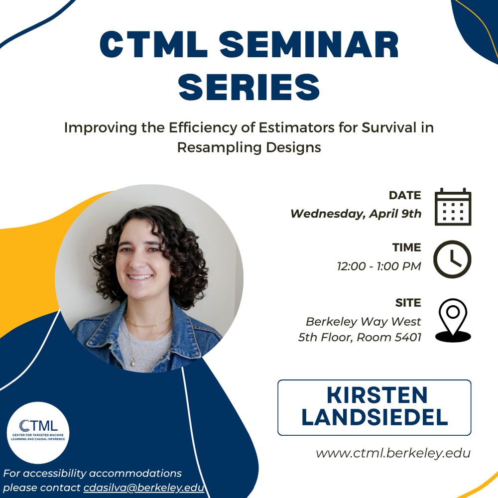 Join us next week for another exciting talk in our CTML Seminar Series! CTML GSR, Kirsten Landsiedel will be presenting her talk on "Improving the Efficiency of Estimators for Survival in Resampling Designs." This talk will take place on April 9th at 12:00PM at Berkeley Way West, 5th Floor, Room 5401. You won't want to miss it!