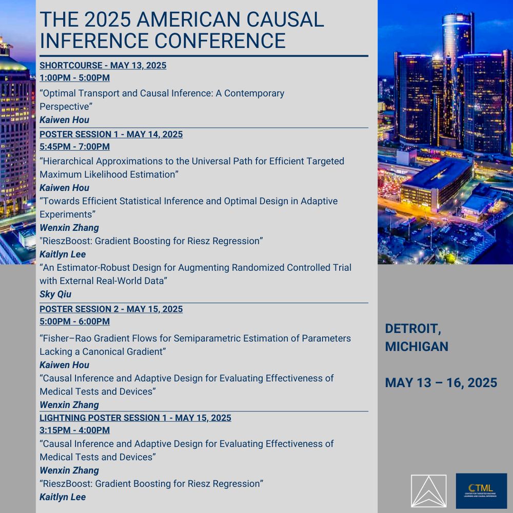 CTML Graduate Student Researchers Kaiwen Hou, Wenxin Zhang, Kaitlyn Lee, and Sky Qiu will present their research at the 2025 American Causal Inference Conference (ACIC), taking place in Detroit, Michigan, from May 13 to 16.  Kaiwen Hou will lead a short course and present a poster. Wenxin Zhang and Kaitlyn Lee will each give a lightning talk and present a poster. Sky Qiu will also present a poster, contributing to the wide range of CTML research being shared.