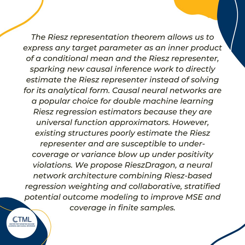 The Riesz representation theorem allows us to express any target parameter as an inner product of a conditional mean and the Riesz representer, sparking new causal inference work to directly estimate the Riesz representer instead of solving for its analytical form. Causal neural networks are a popular choice for double machine learning Riesz regression estimators because they are universal function approximators. However, existing structures poorly estimate the Riesz representer and are susceptible to under-coverage or variance blow up under positivity violations. We propose RieszDragon, a neural network architecture combining Riesz-based regression weighting and collaborative, stratified potential outcome modeling to improve MSE and coverage in finite samples.
