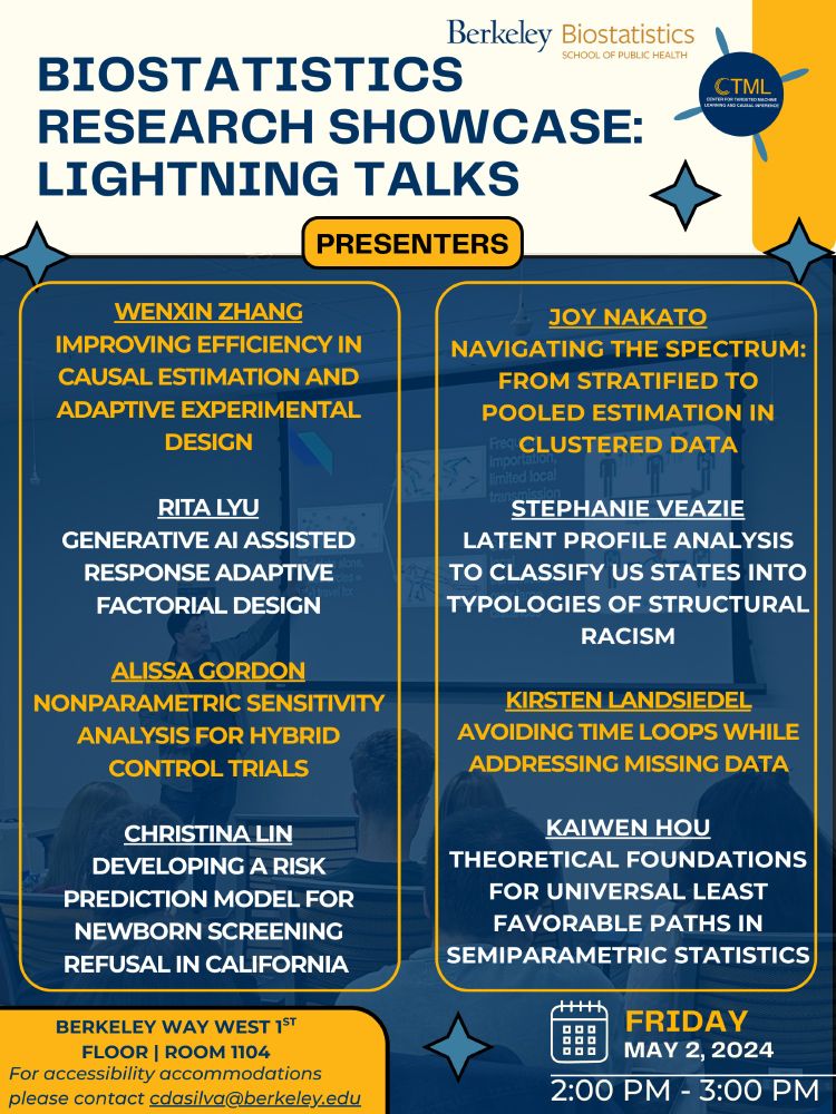 Join us for the Lightning Talks session at the Biostatistics Research Showcase this Friday, May 2nd from 2:00–3:00 PM at Berkeley Way West (Room 1104)! Come hear rapid-fire presentations from biostatistics researchers on cutting-edge methods in causal inference, machine learning, and public health applications. Open to the biostatistics community. For accessibility accommodations, contact cdasilva@berkeley.edu.