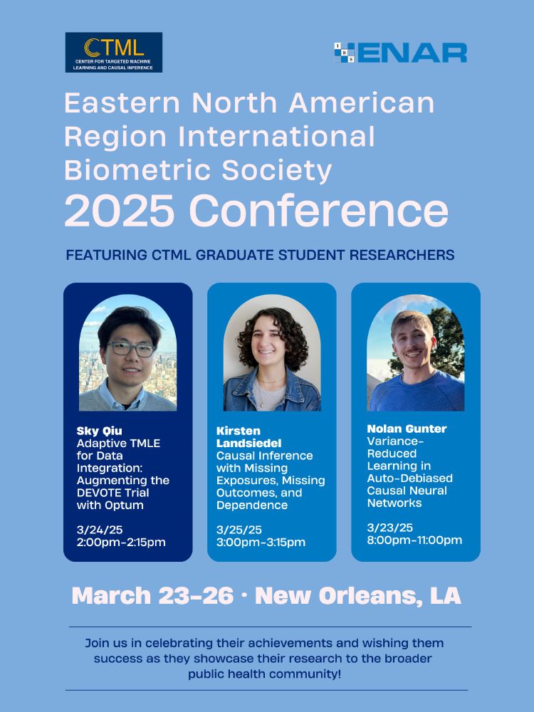 Text: CTML is thrilled to announce that our graduate researchers will be presenting at the 2025 Eastern North American Region International Biometric Society (ENAR) Conference, taking place in New Orleans, LA, from March 23–26. Sky Qiu and Kirsten Landsiedel will deliver their presentations during the conference's contributed session, while Nolan Gunter will showcase his work in the conference's poster session. We invite attendees to engage with their cutting-edge research and connect with CTML during these exciting sessions!