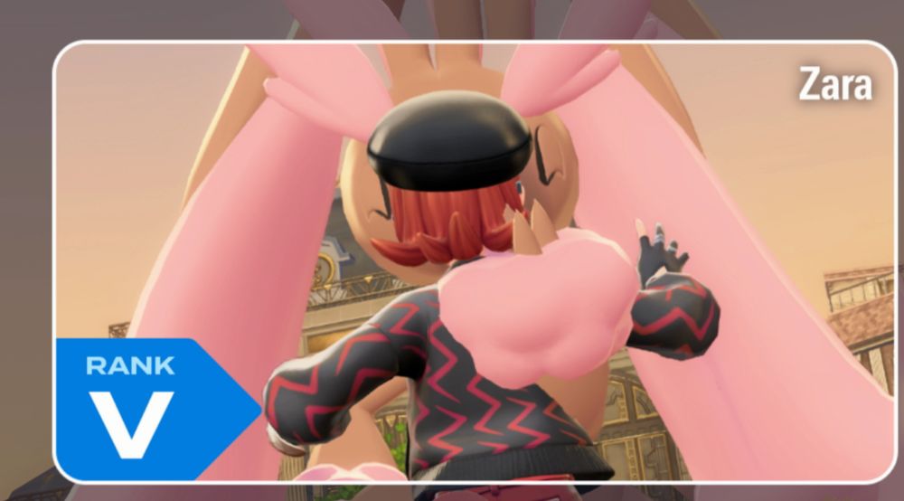 Screenshot of my trainer card in Pokemon Legends: Z-A. It's posed in such a way as to make me look like my shiny alpha Lopunny is surprise smooching me