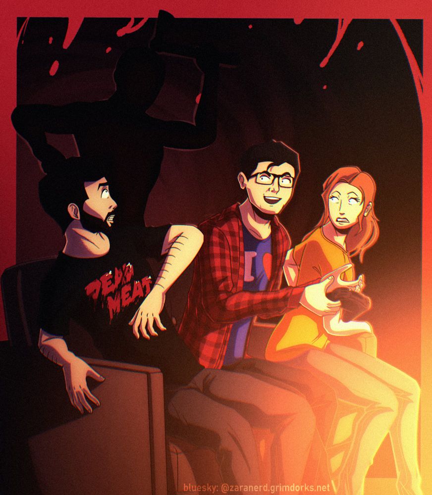 Digital illustration of the three Dead Meat / Kill Count hosts, James A. Janisse, Chelsea Rebecca, and Zoran "Got My Lineart Stolen In the Summer of '05" Gvojic sitting on a couch. Zoran is obliviously and enthusiastically playing a video game while James and Chelsea are actively trying to escape an axe wielding silhouetted killer sneaking up behind them. 