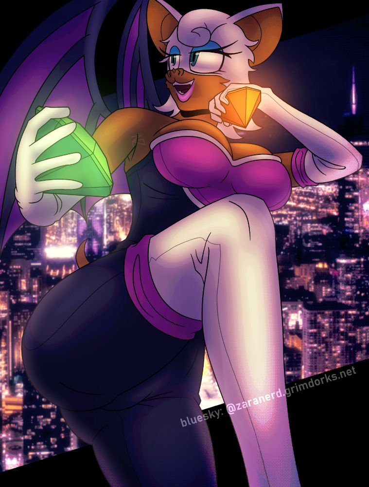 Digital art of Rouge the Bat from the Sonic the Hedgehog series. She's more anthropomorphized with a more accurate bat nose. She's holding two chaos emeralds (green and orange) and looking at a subject off camera flirtatiously while kneeling down, the orange emerald up against her left cheek. 