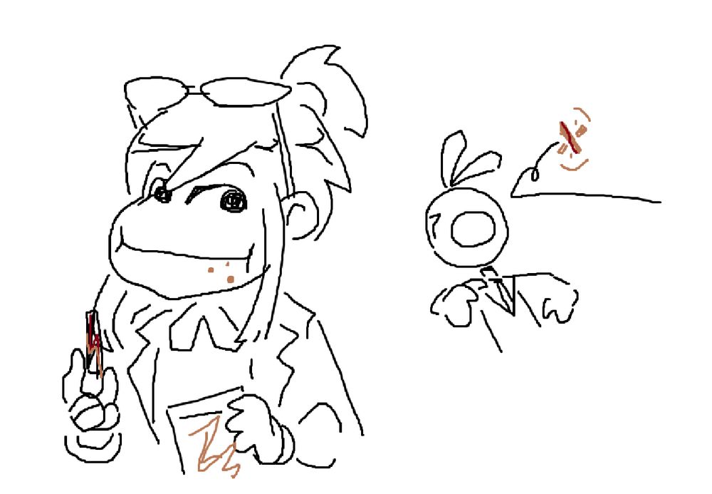 ms paint doodle of ema skye from ace attorney 4 with big cheeks eating from a bag of snackoos and a smaller doodle of a snackoo being thrown at apollo justice 