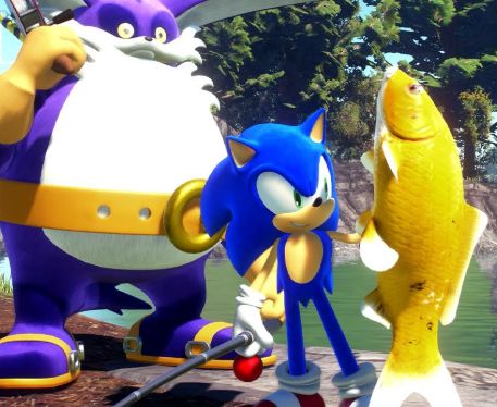 sonic with a fishing rod holding a realistic koi. big the cat is behind him 