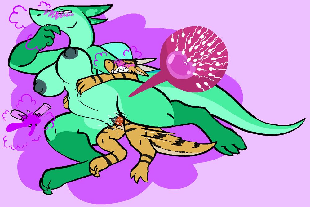 a big dinosaur woman and a kobold boning down after an Aphrodisiac Mishap