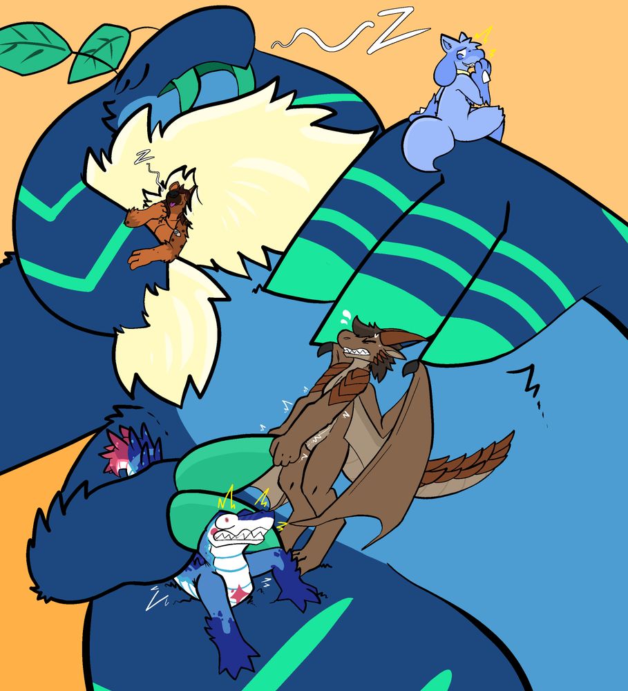 various smaller critters on a sleeping larger creature. They are getting up to Hijinks