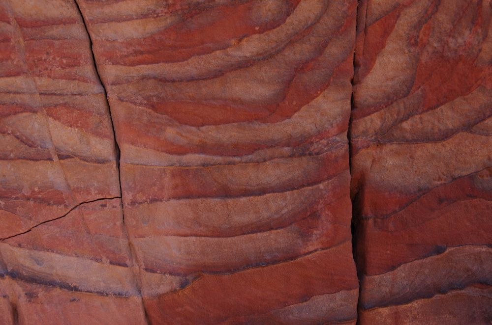 Das Bild zeigt eine Nahaufnahme von farbigen Gesteinsschichten, vermutlich Sandstein. Die Oberfläche ist von wellenartigen, fließenden Linien durchzogen, die durch natürliche Erosion und Ablagerungen entstanden sind. Die Farben reichen von warmem Rotbraun über Orange bis zu Violett- und Grautönen und wirken fast wie gemalt. Die Textur wirkt glatt, aber die Linienführung verleiht dem Gestein eine plastische, fast bewegte Erscheinung.