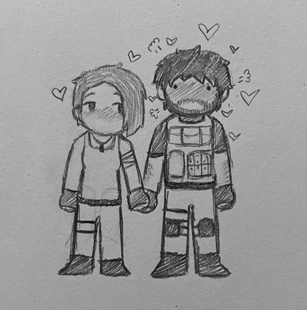Jill Valentine and Carlos Oliveira holding hands (Carlos is blushing profusely) 