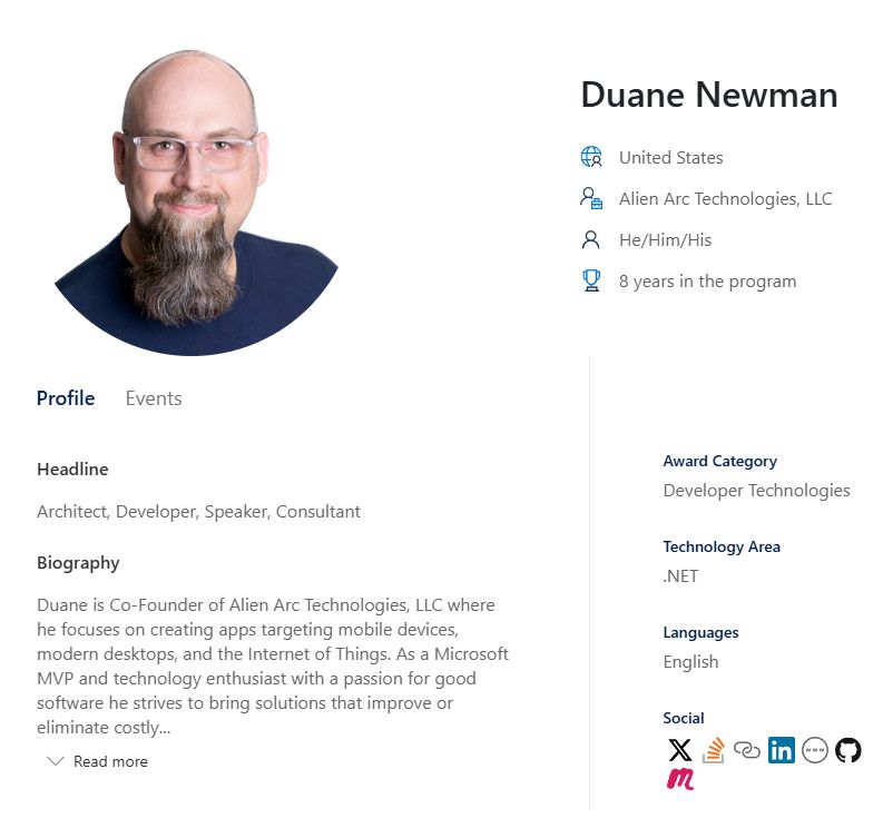 My MVP profile, showing 8 years of membership in the program