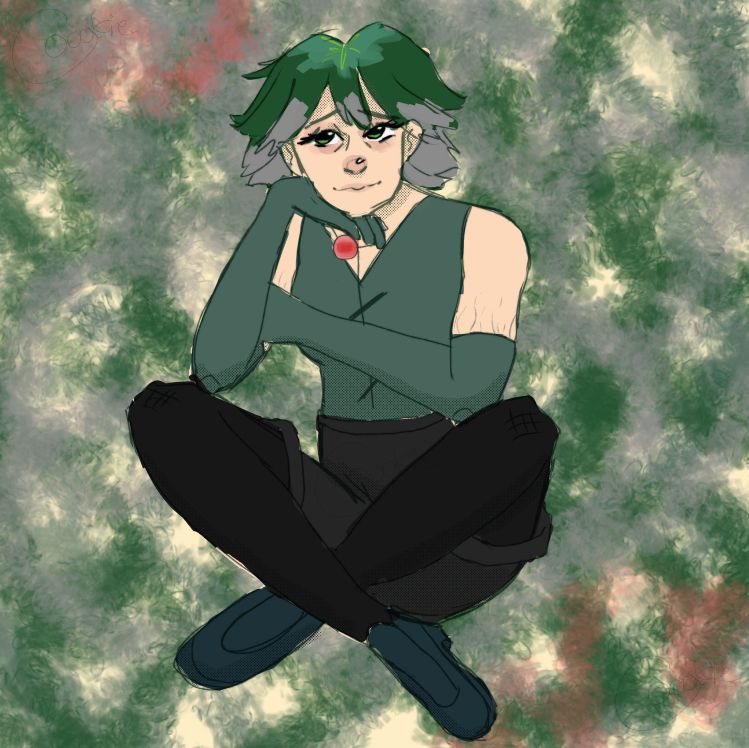 Altila sitting cross-legged. She has green hair with grey tips, and is wearing a sage green vest with matching long gloves, grey shorts over black leggings, and dark teal boots. She's holding a red magic orb.