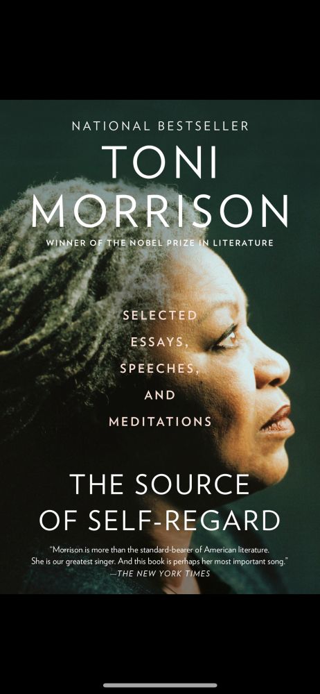 Book cover with a picture of Toni Morrison taken from the side with her lovely brown skin and gray hair. Reads The Source of Self-Regard.