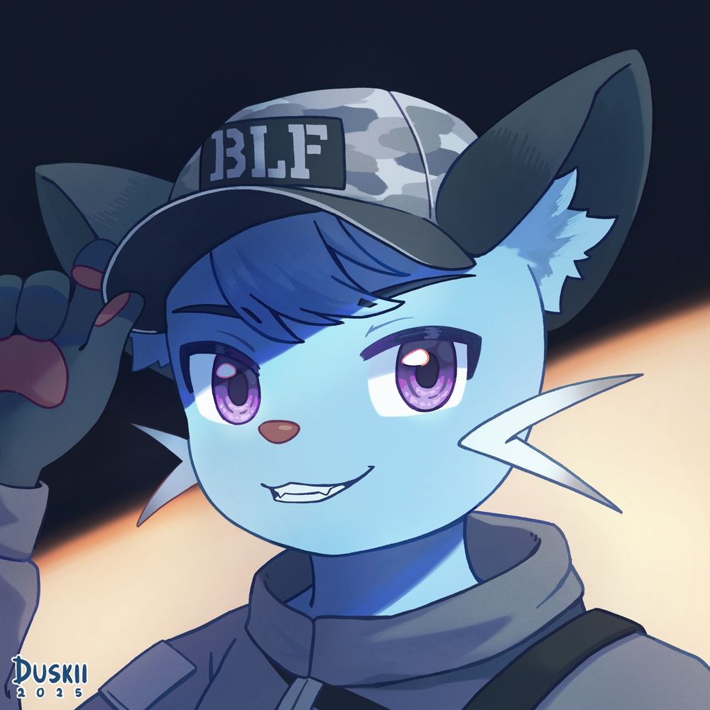 Headshot commission for Fridge of his anthro Dewott character, with purple eyes, wearing a camouflage cap and jacket. He is gripping the brim of the cap with his right hand and giving a toothy smirk.